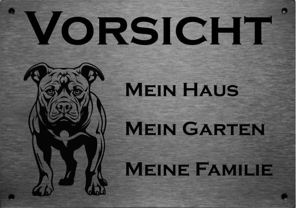 Edelstahl Warnschild American Staffordshire Terrier VORSICHT Hier wache ich!